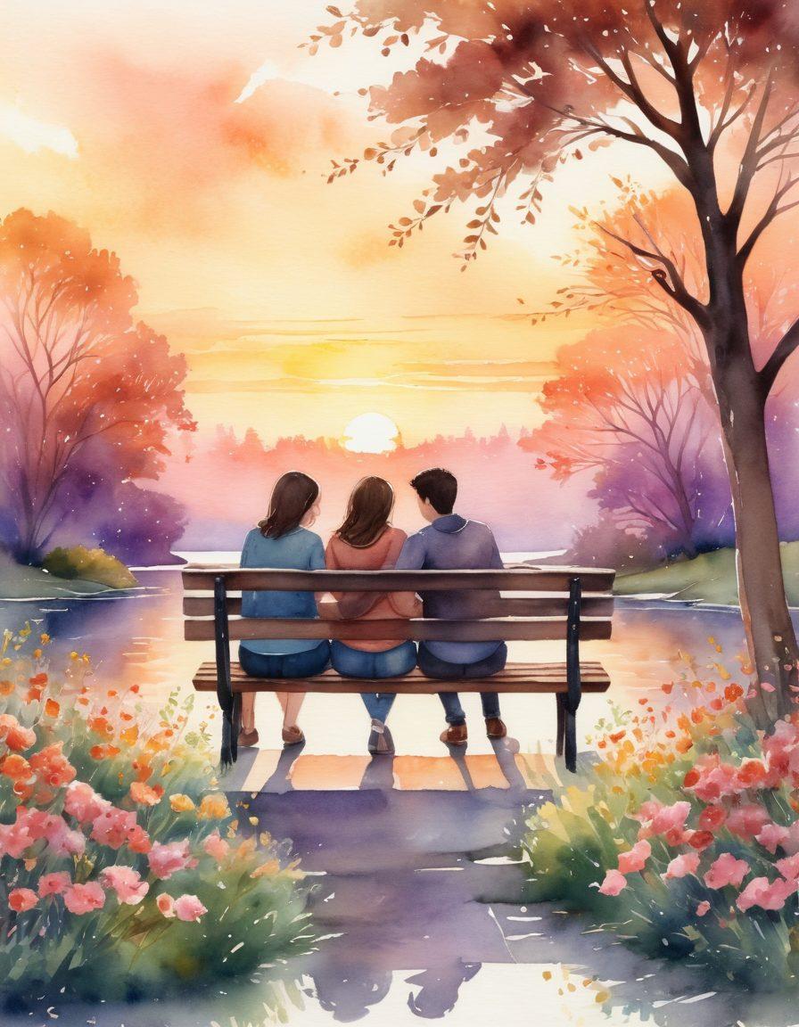 A beautiful sunset backdrop depicting two friends sitting on a bench, sharing a heartfelt moment, with subtle hints of growing affection in their eyes. Surround them with soft glowing light and delicate flowers symbolizing love and friendship. Incorporate pathways leading into the horizon, suggesting journeys ahead. watercolor style. warm colors. dreamy atmosphere.