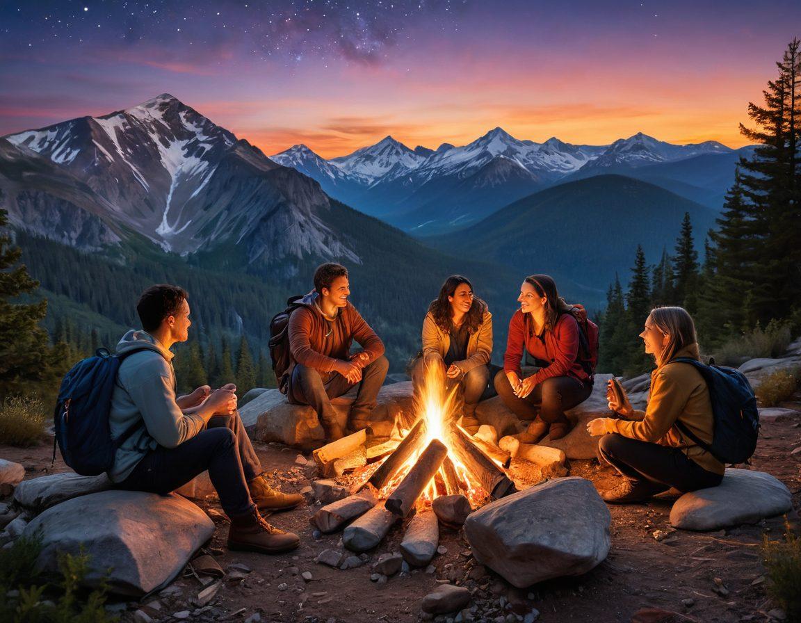 A warm and inviting scene depicting a diverse group of friends gathered around a campfire at dusk, sharing stories and laughter, with a backdrop of majestic mountains and a starry sky. Visual elements should include backpacks, travel maps, and a globe, symbolizing adventure and exploration. Incorporate expressions of joy and camaraderie to illustrate empathy and unity. The color palette should be vibrant with deep blues and warm oranges to evoke a sense of comfort and connection. super-realistic. vibrant colors.