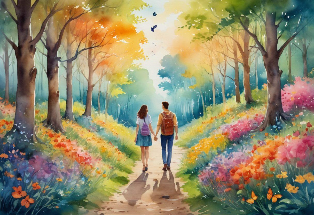 A whimsical landscape featuring two intertwined paths leading through a vibrant forest filled with blooming flowers, symbolizing connections and adventures. In the foreground, a couple is seen exploring hand-in-hand, surrounded by butterflies and warm sunlight filtering through the trees, creating a magical atmosphere. The image embodies love, connection, and exploration, inviting viewers to embark on their own journey of meaningful relationships. watercolor style. vibrant colors. serene atmosphere.
